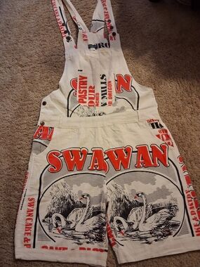 Swan Flour Sack White & Red Graphic Overalls Shorts Made In Napal
